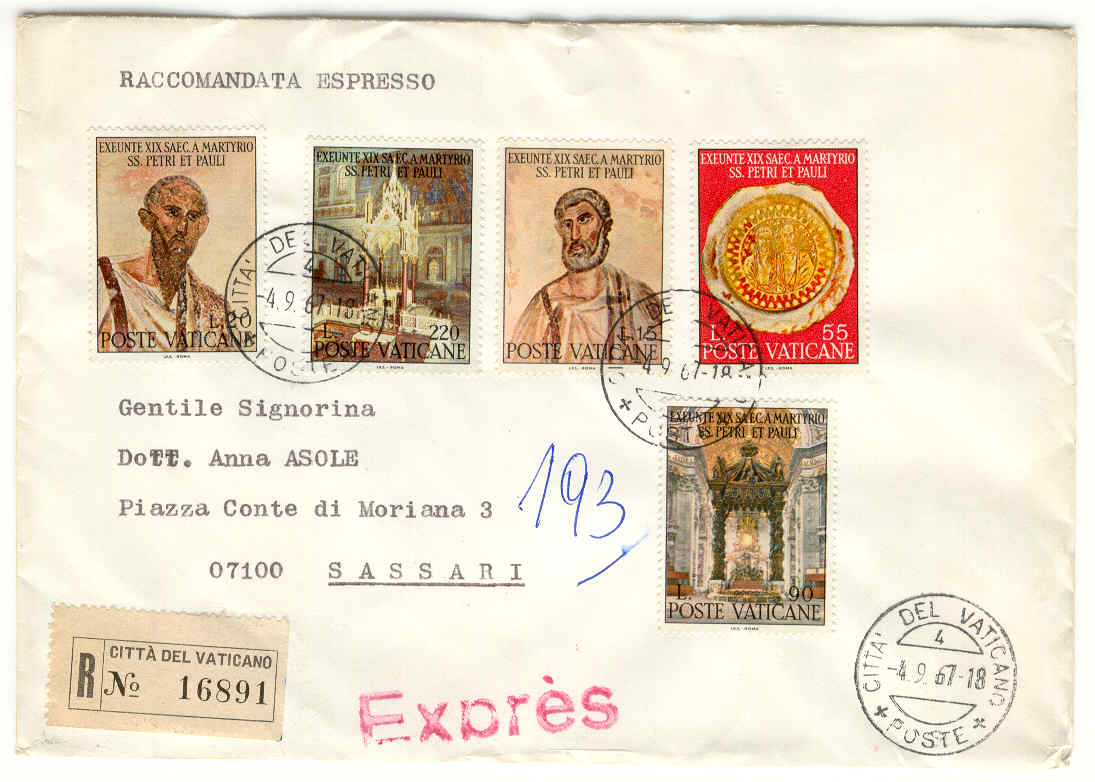 11142 - Vaticano - busta viaggiata raccomandata espressa con serie completa: 19 cent. martirio Pietro e Pao