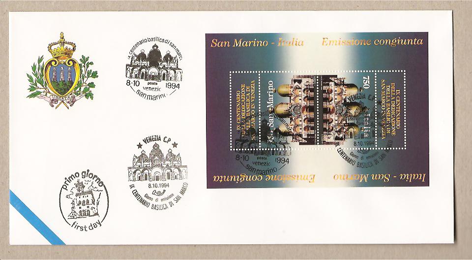28122 - San Marino - busta fdc con serie completa in foglietto ed annullo speciale:9 centenario della dedicazione della Basilica di San Marco a Venezia