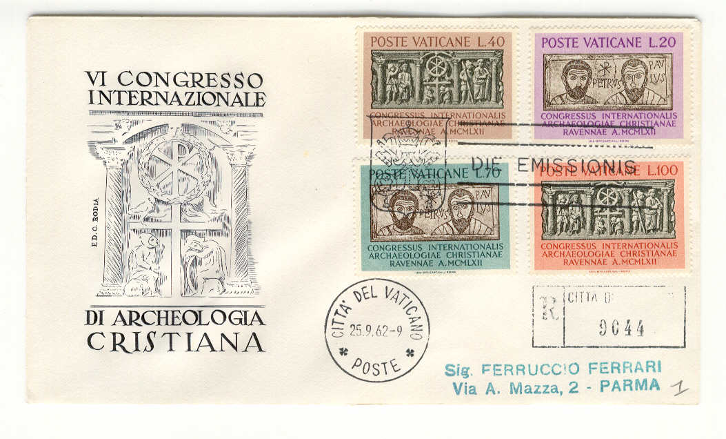 9287 - Vaticano - busta fdc con la serie completa Archeologia cristiana 1962